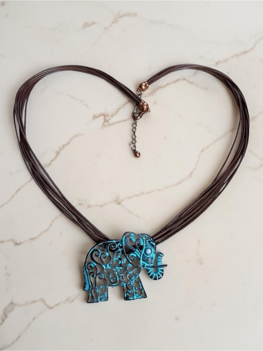 Elegant Blue Patina Filigree Elephant Pendant Necklace